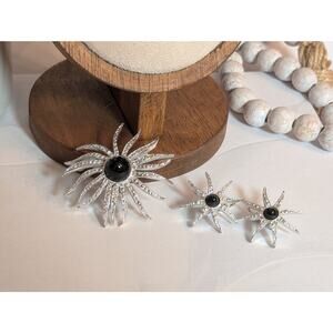 Vintage 1969 Emmons Sea Beauty Silver-Tone & Faux Onyx Brooch & Earring Set